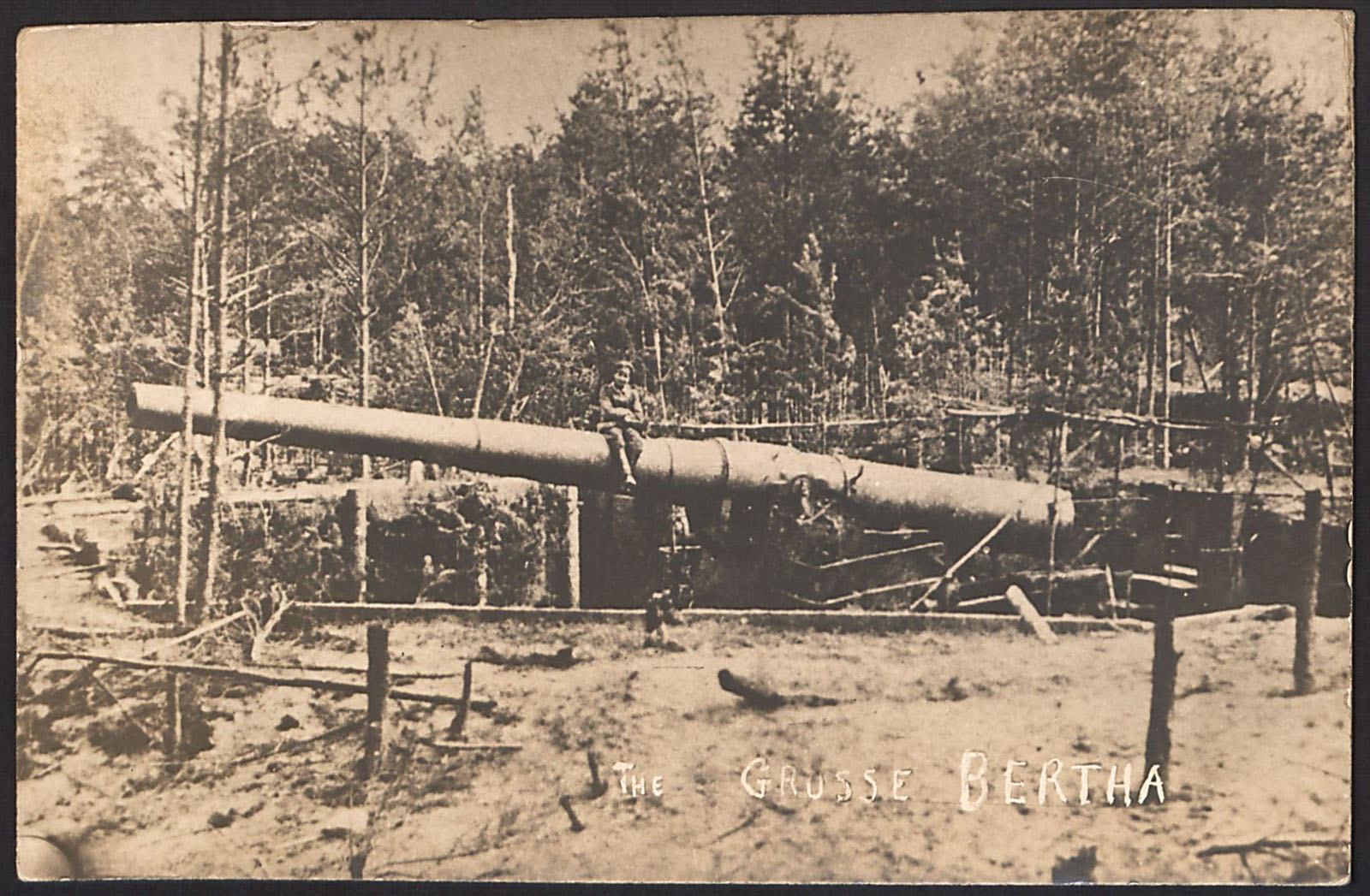 Vintage sepia photograph of a massive artillery piece resting in the woods.