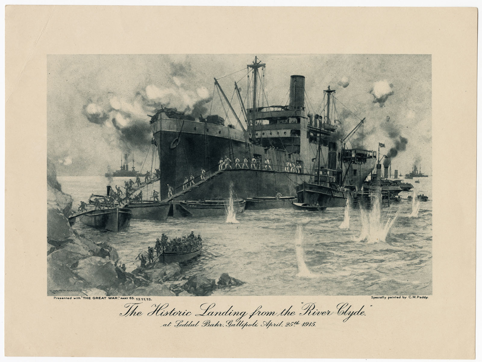 Black and white print of a steamship landed near a coast. Sailors are running off the ship to land while shells fall in the water around them.